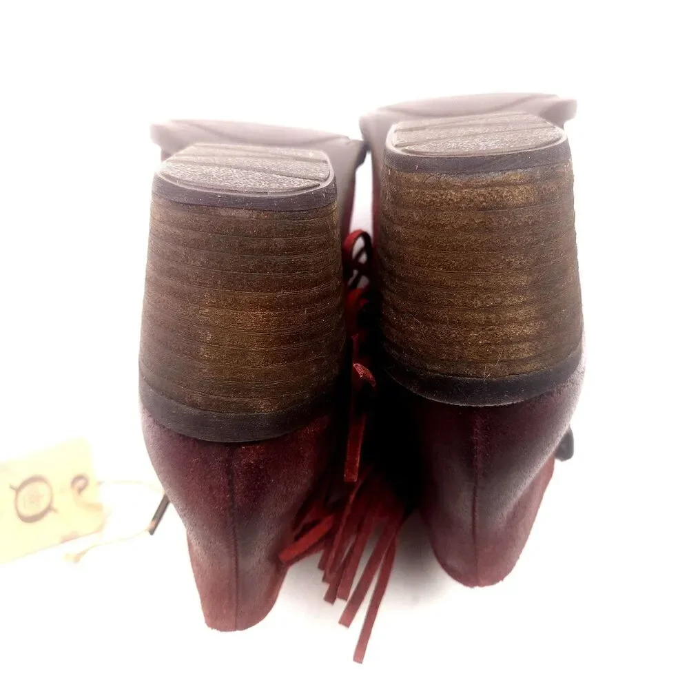 Born Danni Red Suede Leather Distressed Fringe Ankle Boots Womens 6.5 M Heel - Picture 10 of 10
